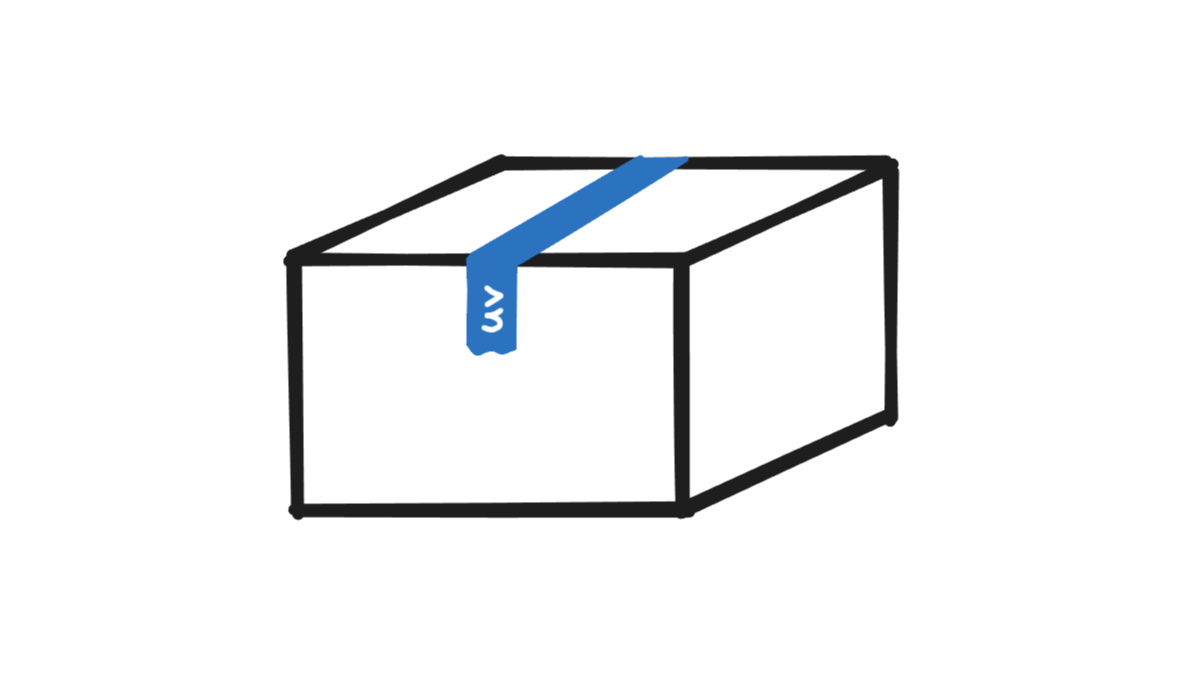 Taped up box with uv written on the tape